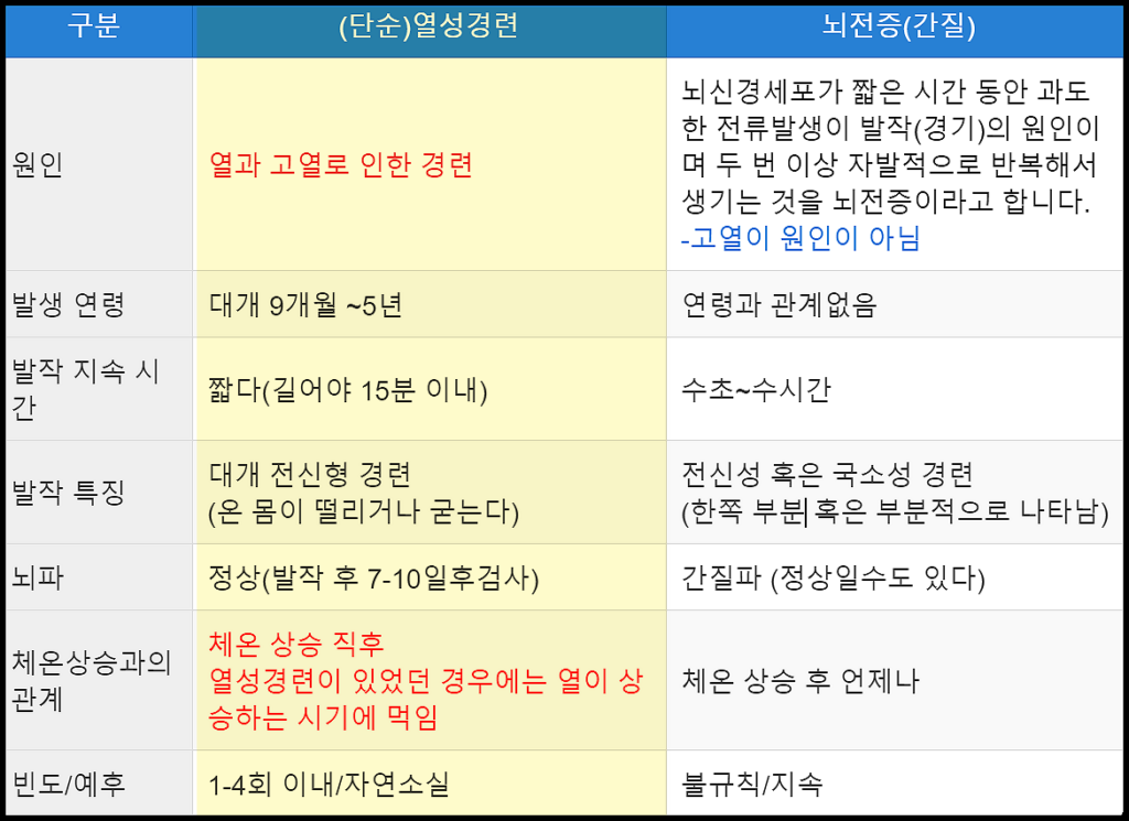 열성경련과 뇌전증 비교표