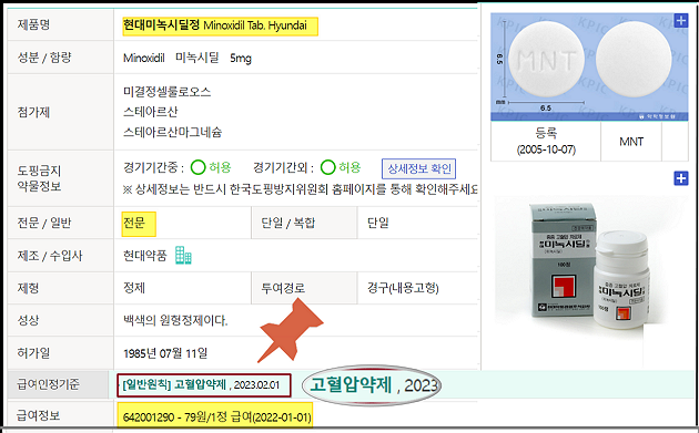 약한정보원- 먹는 미녹시딜-현대미녹시딜정-제품 정보