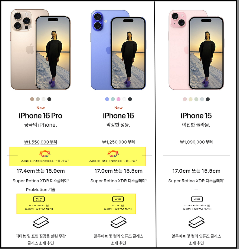 아이폰16-시리즈 비교 -애플홈피 제공