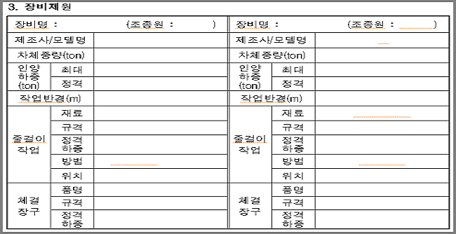 중량물 취급 작업계획서 작성 요령-장비제원