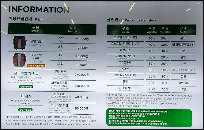 춘천 삼악산 케이블카 요금표